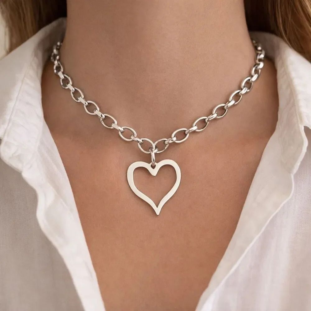 Zara Modern Silver Tone Open Heart Pendant Necklace Chunky Chain Minimalist